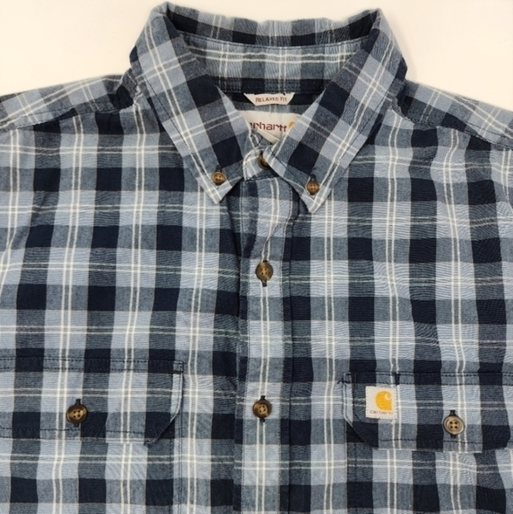 Carhartt Relaxed‎ Fit Men's Short Sleeve Blue Plaid Button-Down Shirt Size Large